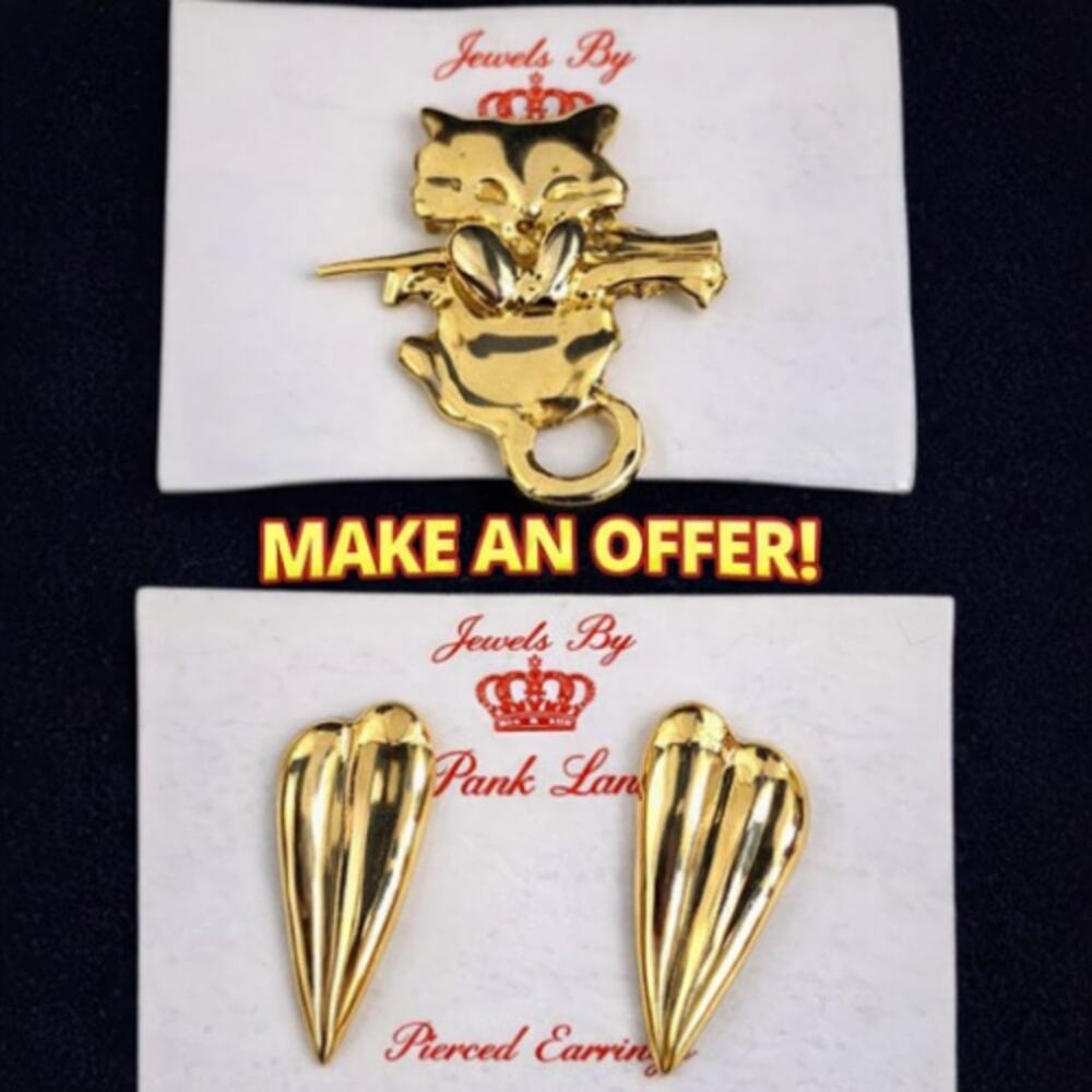 VTG Park Lane Out on a Limb Cat Pin with Fashion Heart Pierced Earrings NEW